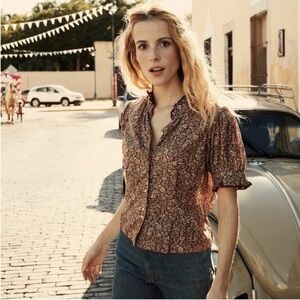 Doen rust patterned Dauphine Blouse with Puff Sleeves and embroidery-  small